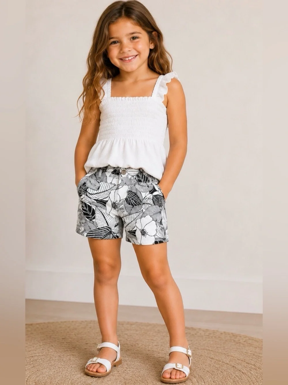 Janie and Jack Kids Girls Floral Print Shorts Size 7 Black White Cotton